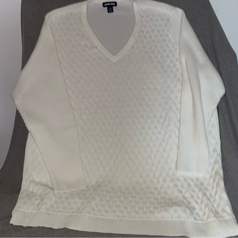 Lands End Women’s 3X White V-Neck Sweater 100% Cotton